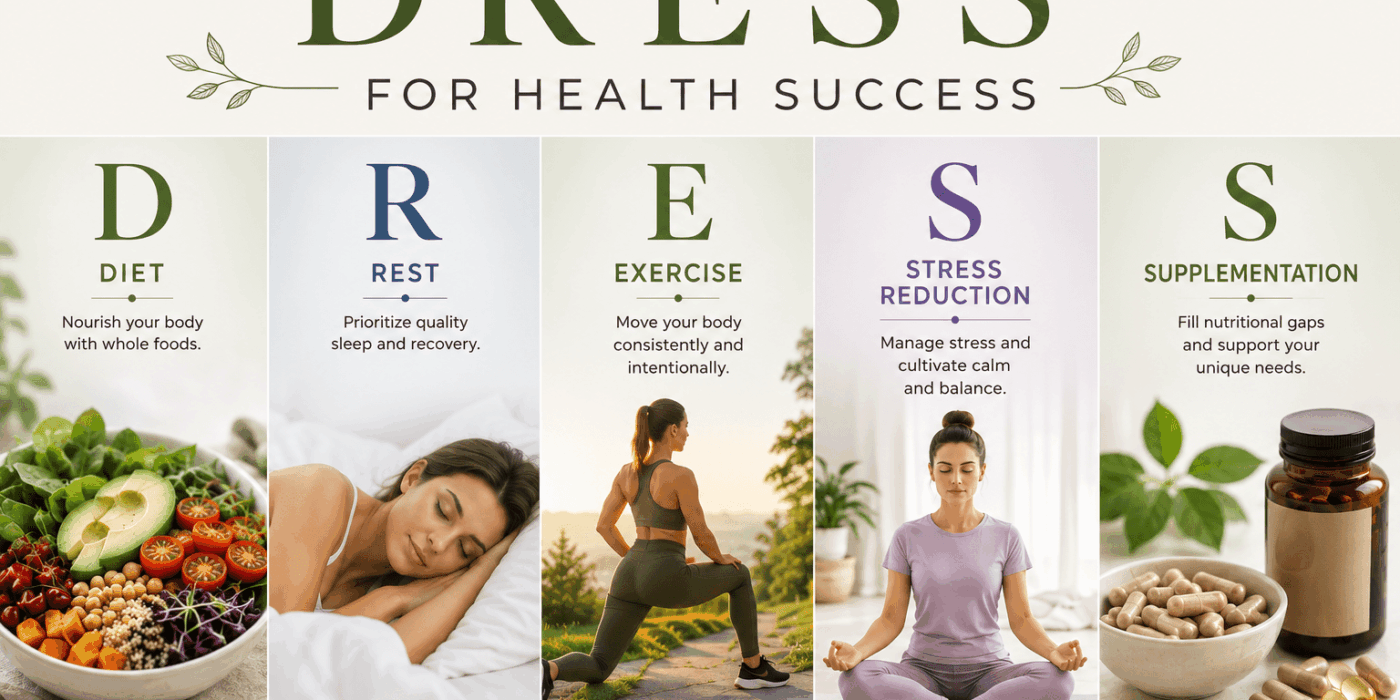 image2 DRESS health success infographic showing diet, rest, exercise, stress reduction and supplementation